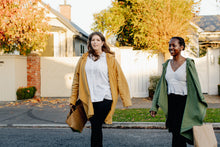 Load image into Gallery viewer, Our beautiful models Tessa and Fatma wearing our Chloe Layer. Tessa wears the mustard option in size 3XL-5XL , Fatma wears the Olive green in XS