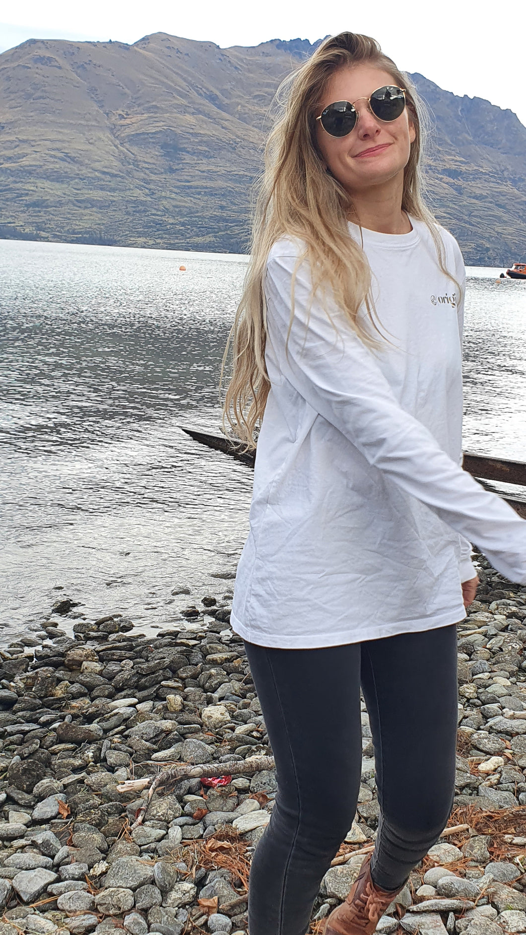 Zoey sporting out Long sleeve white organic cotton top