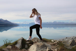 Ribbed Dream Leggings worn by Zoey walking around Lake Pukaki. Zoey is wearing a size small/medium. These are mid to high wait, 4 way stretch. Super versatile , can be used for so many activities. They can be dressed up with a blazer and nice top, boots or cute little heel. They can be worn to work, the gym, the school run, yoga, coffee, groceries, parent teacher interviews, fashion show, hanging at home, marathons ... literally whatever the occasion are a dream!